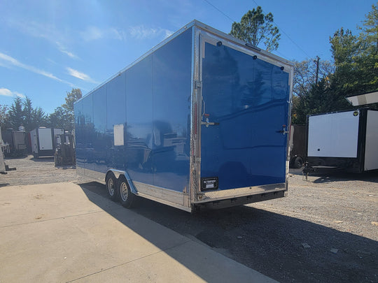 8.5' X 24' Cobalt Blue Stage & Event Marketing Concession Trailer Drivers Side View with trailer closed