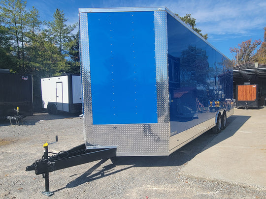 8.5' X 24' Cobalt Blue Stage & Event Marketing Concession Trailer Passenger Side Corner Shot 