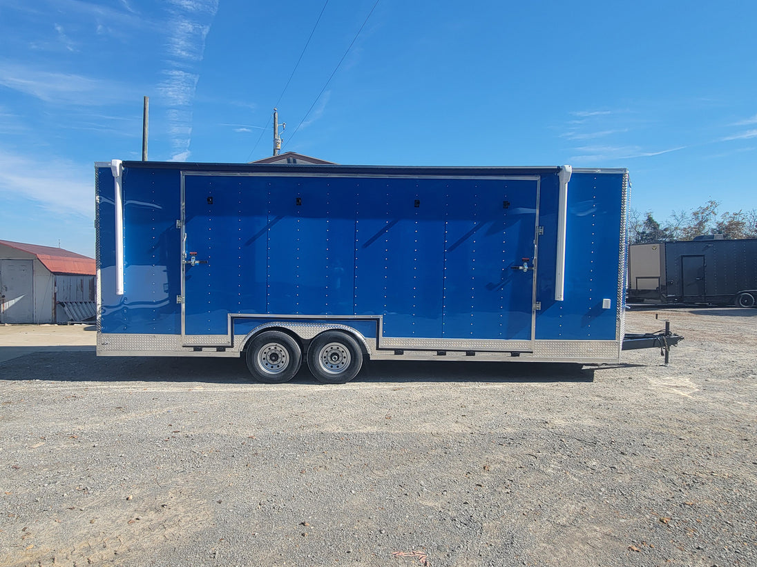 8.5' X 24' Cobalt Blue Stage & Event Marketing Concession Trailer Passenger Side Trailer Closed
