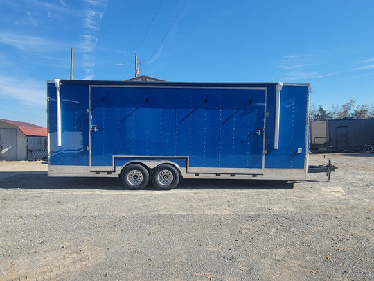 8.5' X 24' Cobalt Blue Stage & Event Marketing Concession Trailer Passenger Side Trailer Closed