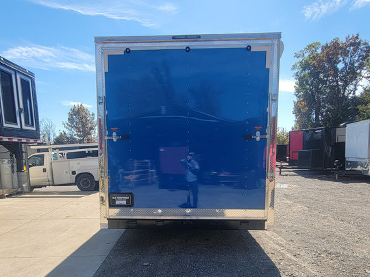 8.5' X 24' Cobalt Blue Stage & Event Marketing Concession Trailer Rear View Closed
