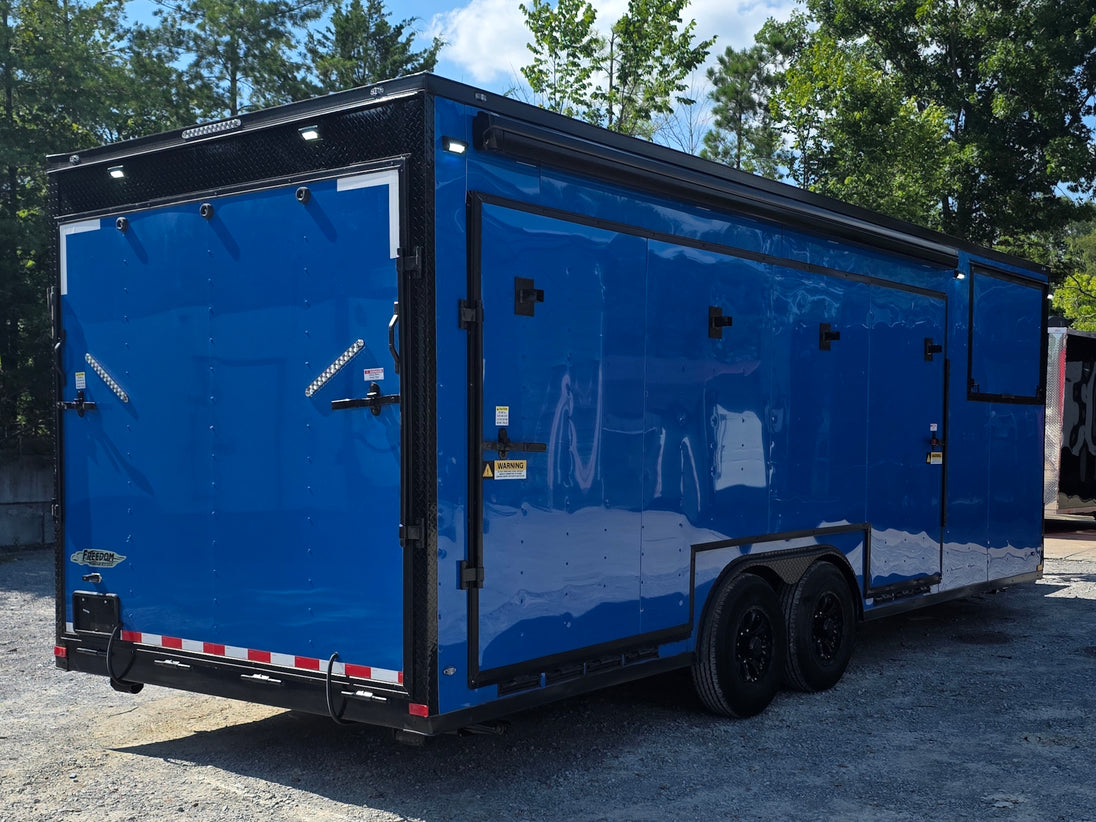 8.5' X 24' Concession Trailer Cobalt Blue With Black Out Trim Stage and Event Marketing Back right angle picture 
