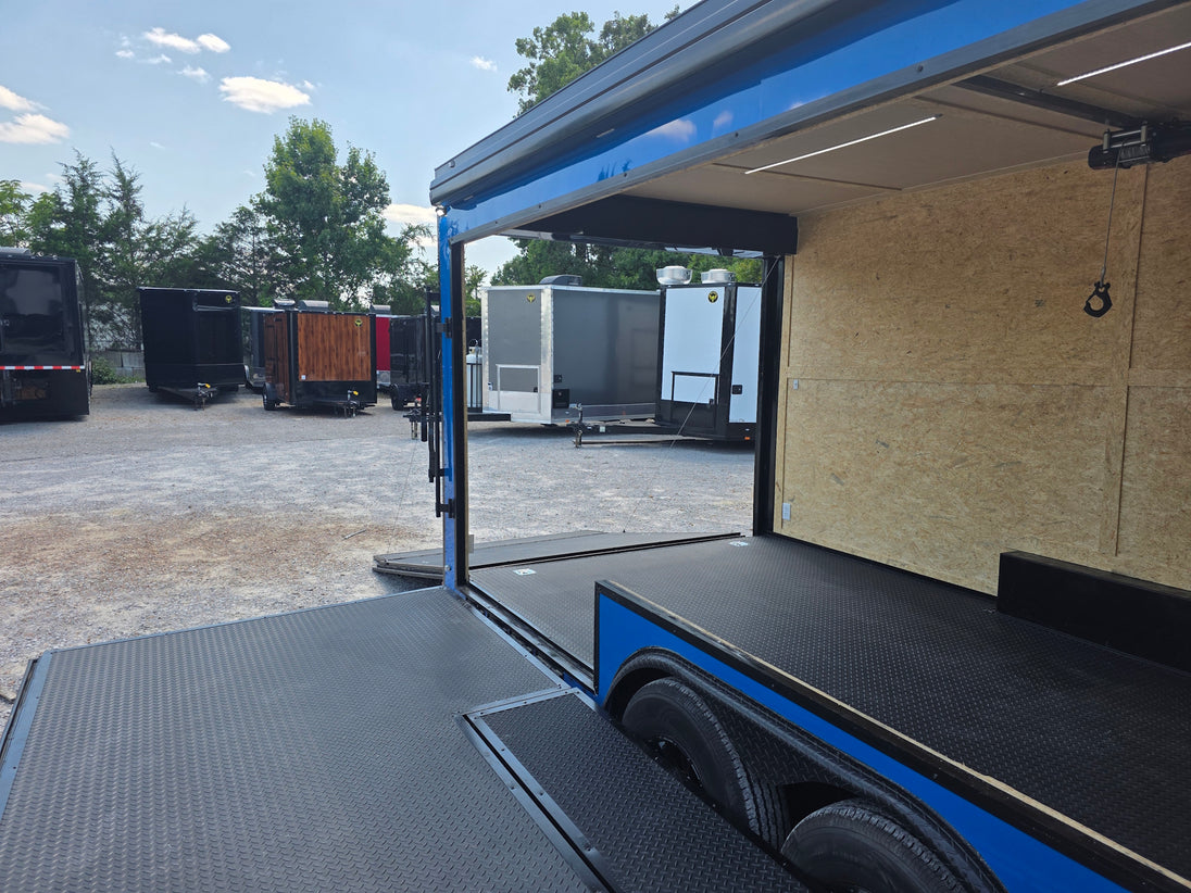 8.5' X 24' Concession Trailer Cobalt Blue With Black Out Trim Stage and Event Marketing Front left angel stage picture 