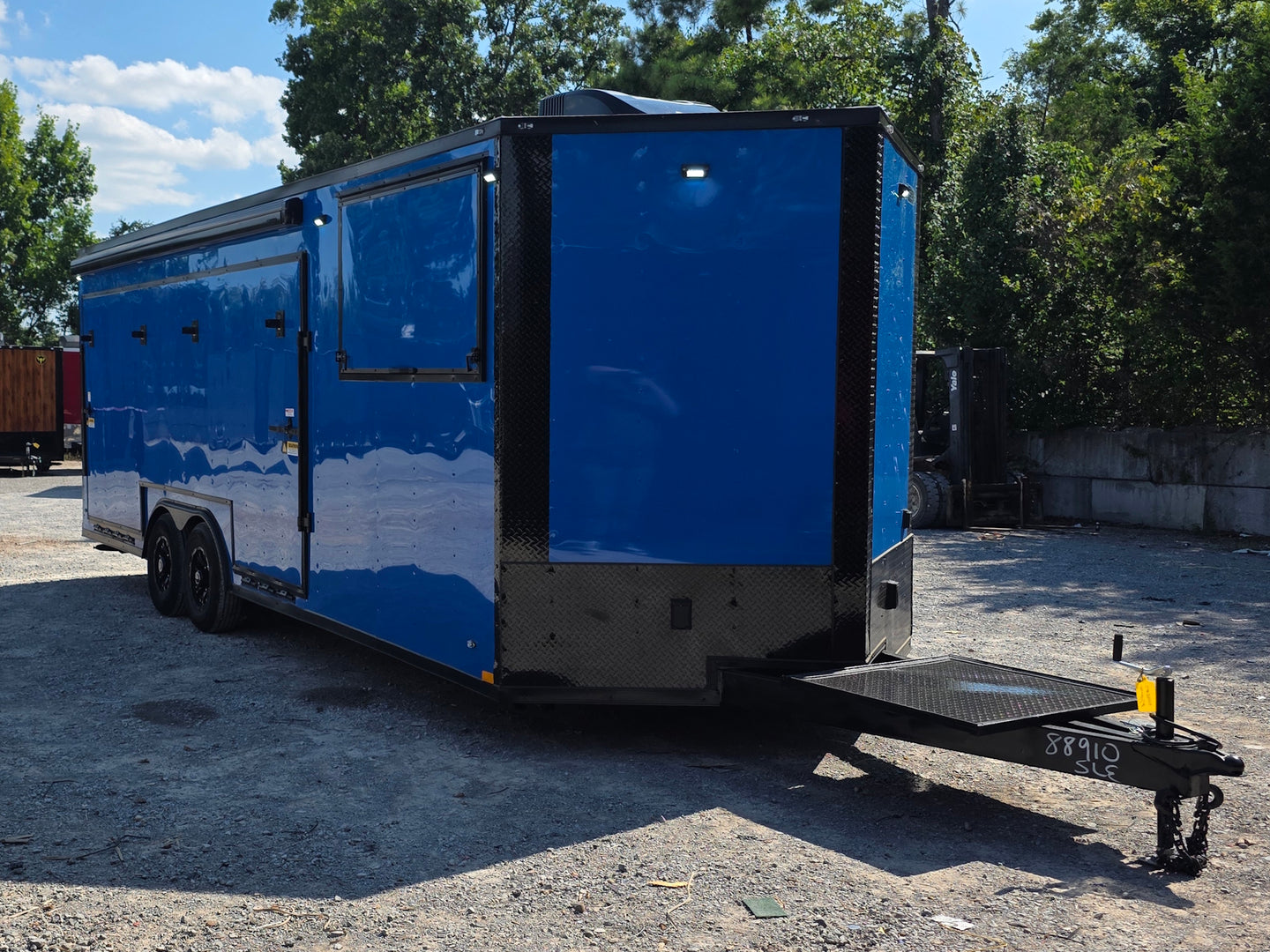 8.5' X 24' Concession Trailer Cobalt Blue With Black Out Trim Stage and Event Marketing Open front left angle picture 