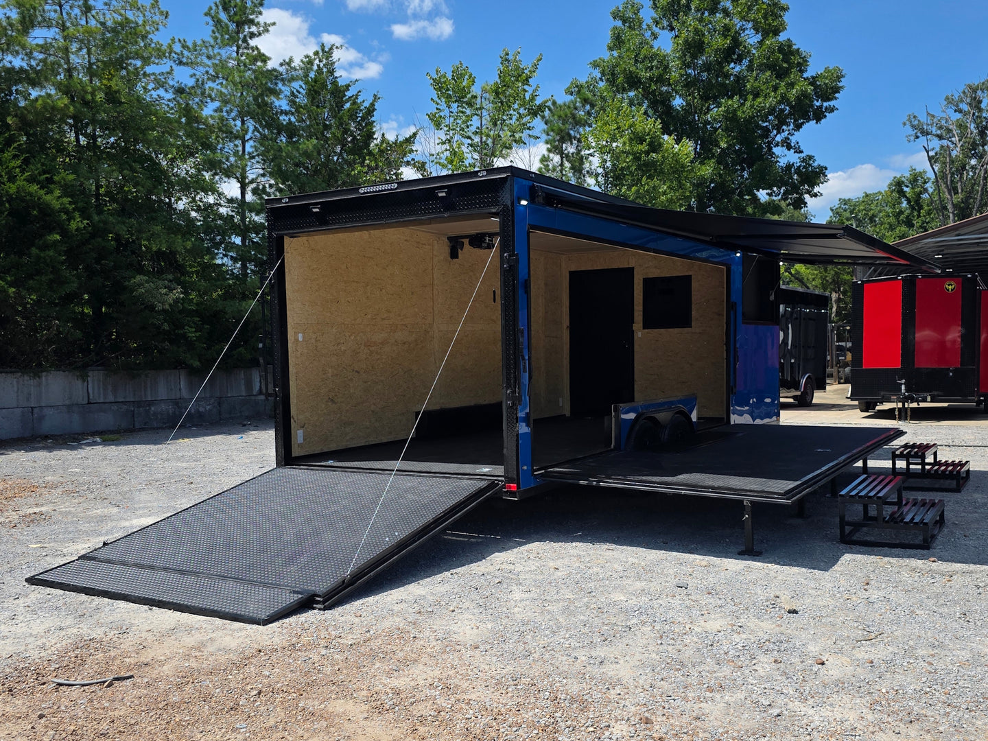 8.5' X 24' Concession Trailer Cobalt Blue With Black Out Trim Stage and Event Marketing Open back right angle picture 