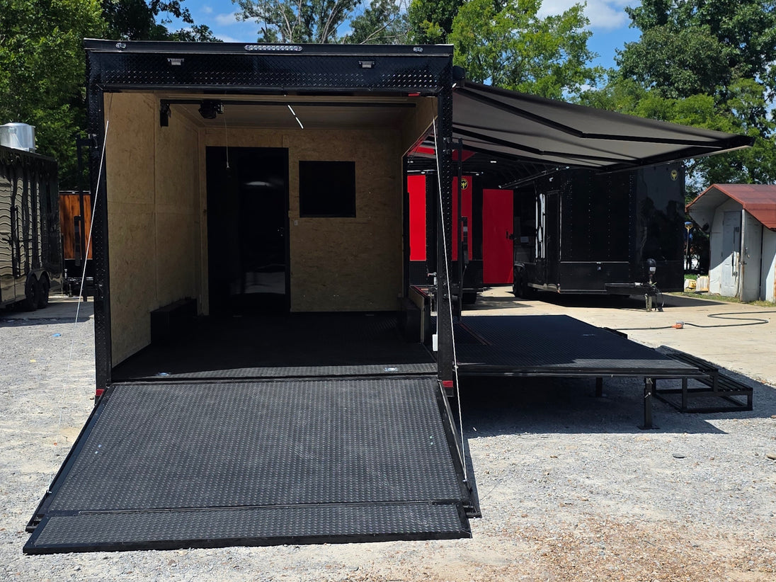 8.5' X 24' Concession Trailer Cobalt Blue With Black Out Trim Stage and Event Marketing Open back side picture 