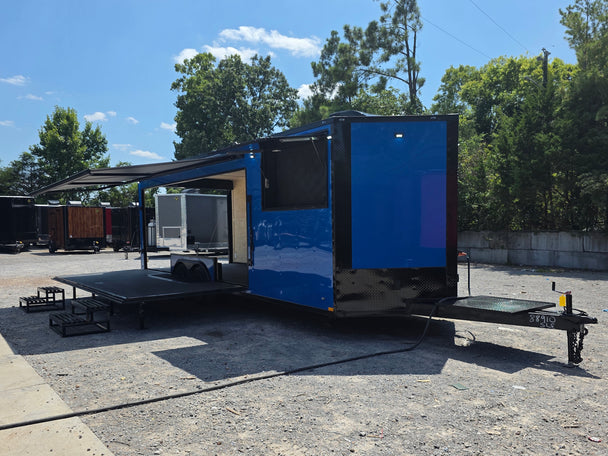 8.5' X 24' Concession Trailer Cobalt Blue With Black Out Trim Stage and Event Marketing Open front left angle picture 