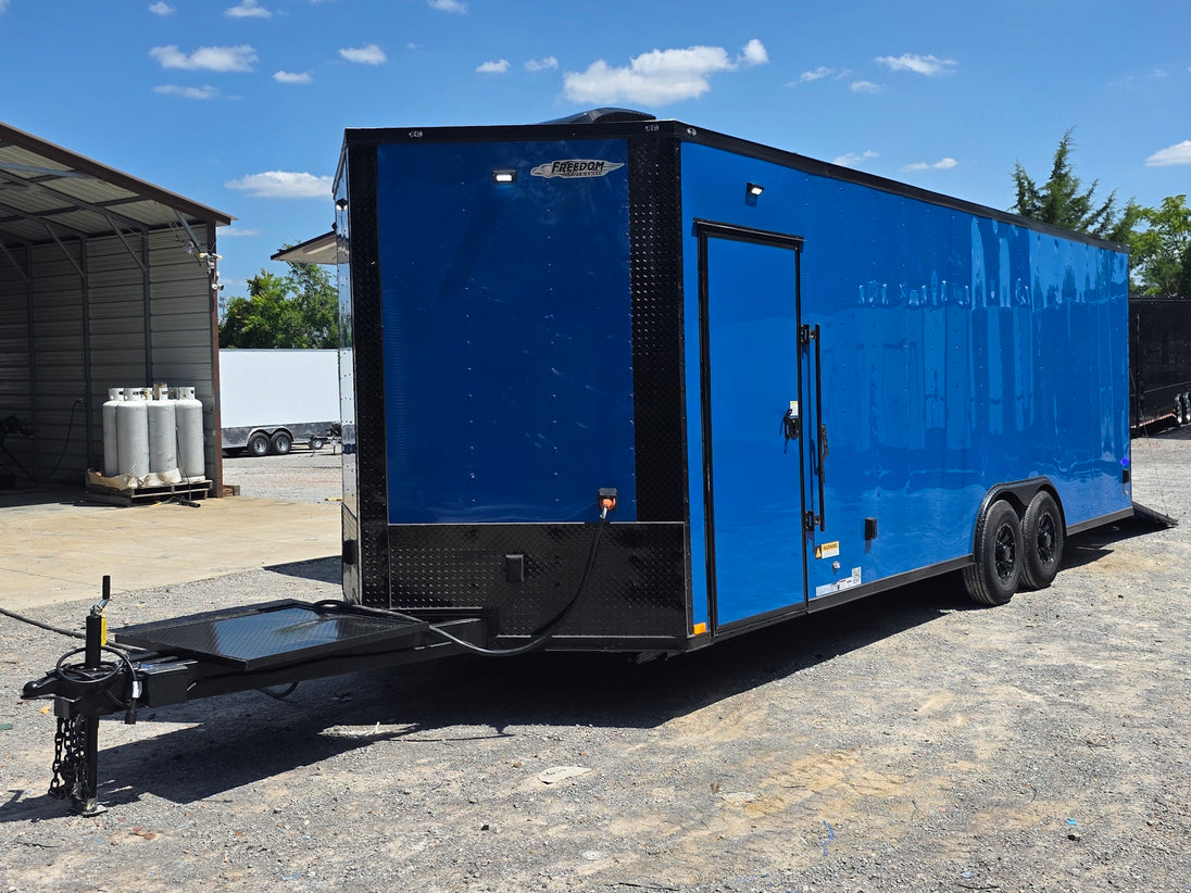 8.5' X 24' Concession Trailer Cobalt Blue With Black Out Trim Stage and Event Marketing Open front right angle picture 