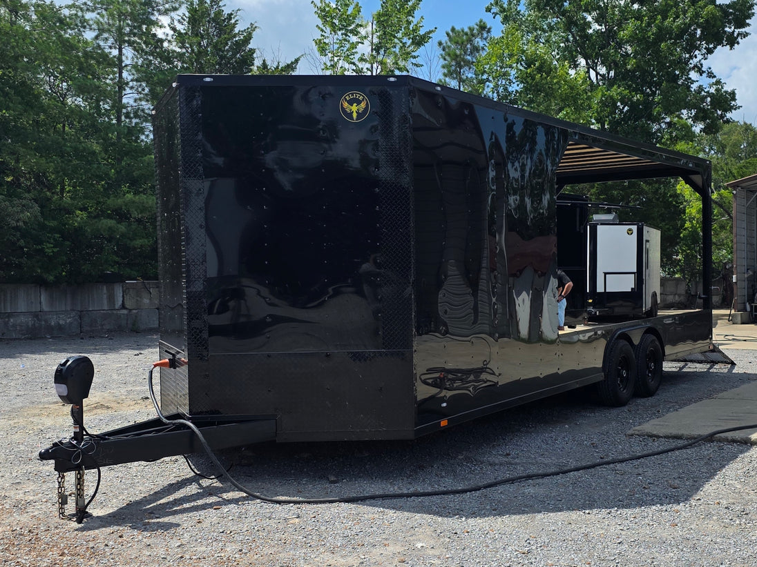 8.5' X 24' Custom Black Hybrid Enclosed Trailer (2) 5,200 lb Axles Open front right angle picture 