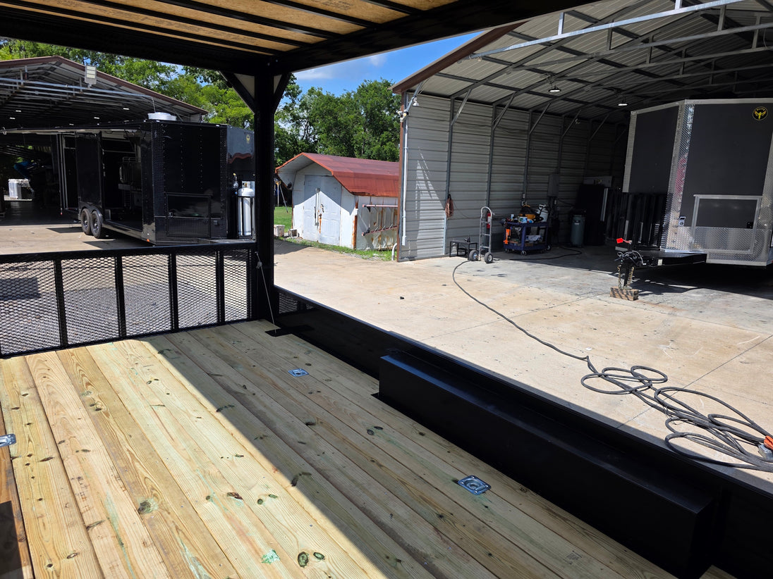 8.5' X 24' Custom Black Hybrid Enclosed Trailer (2) 5,200 lb Axles porch front left angle picture 