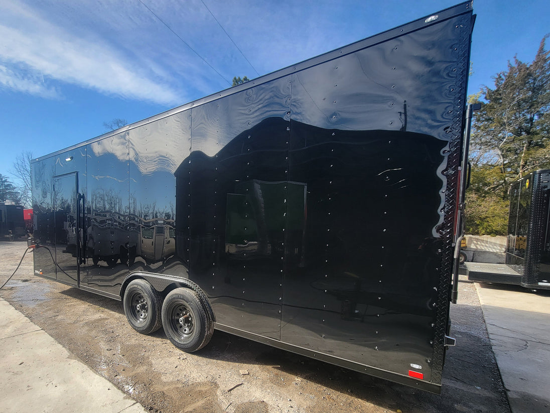 8.5' X 24' Custom Enclosed Stage Trailer Mobile Cigar Lounge Drivers Side Rear Corner Shot 