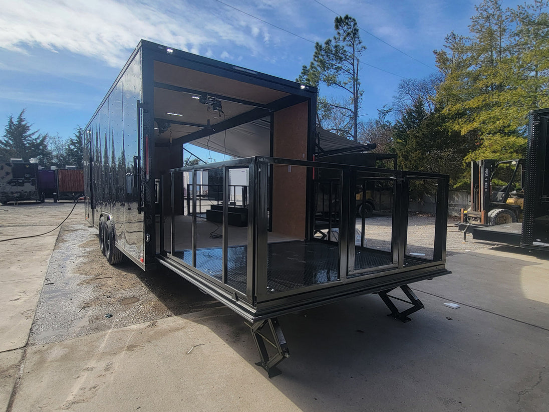 8.5' X 24' Custom Enclosed Stage Trailer Mobile Cigar Lounge Drivers Side Rear Corner shot angled
