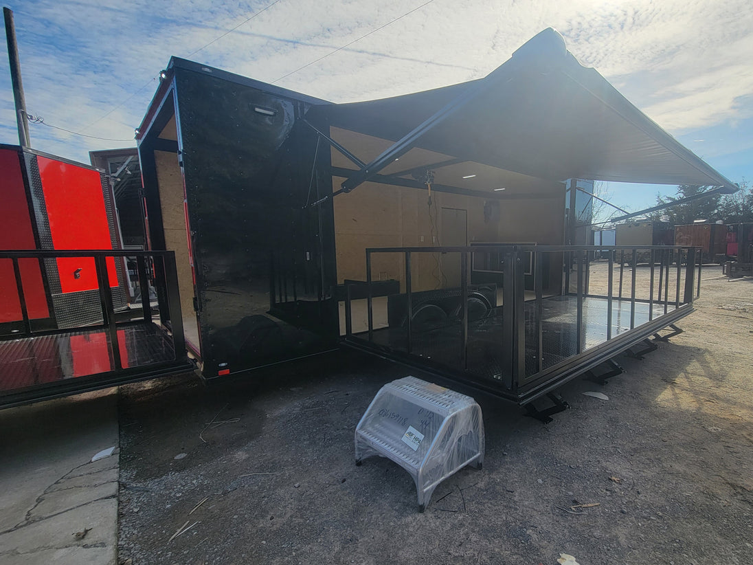 8.5' X 24' Custom Enclosed Stage Trailer Mobile Cigar Lounge Passenger Side Corner Angle Awning 