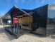 8.5' X 24' Custom Enclosed Stage Trailer Mobile Cigar Lounge Passenger Side Corner Shot Awning and Stage Extended.