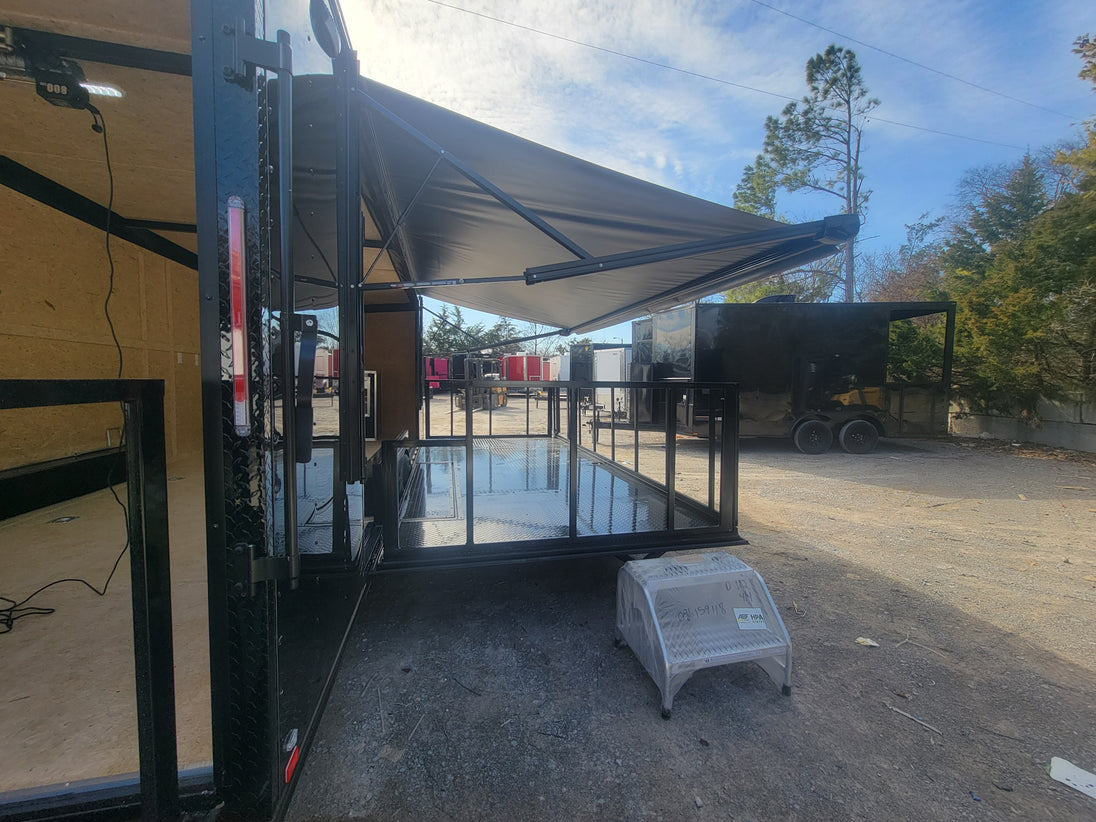 8.5' X 24' Custom Enclosed Stage Trailer Mobile Cigar Lounge Passenger Side Rear Awning Side Shot 