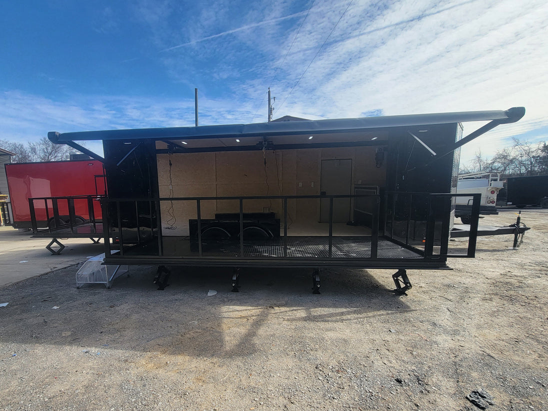 8.5' X 24' Custom Enclosed Stage Trailer Mobile Cigar Lounge Side View Stage Down 