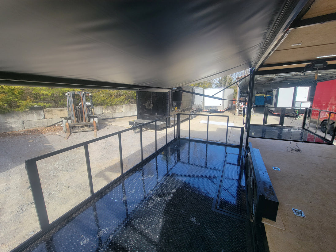 8.5' X 24' Custom Enclosed Stage Trailer Mobile Cigar Lounge Under Awning Shot 2