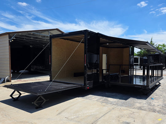 8.5' X 24' Custom Stage and Marketing Showcase Enclosed Trailer Open back right angle picture 