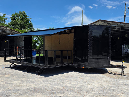 8.5' X 24' Custom Stage and Marketing Showcase Enclosed Trailer Open front left angle picture 