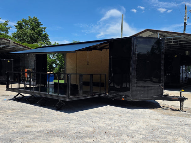 8.5' X 24' Custom Stage and Marketing Showcase Enclosed Trailer Open front left angle picture 