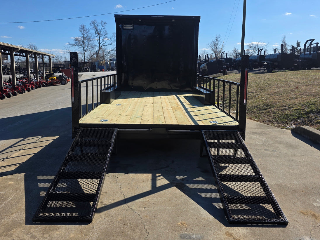 8.5' X 24' Hybrid Trailer Black With Black Out Package 7K Axles back view picture with ramp down 