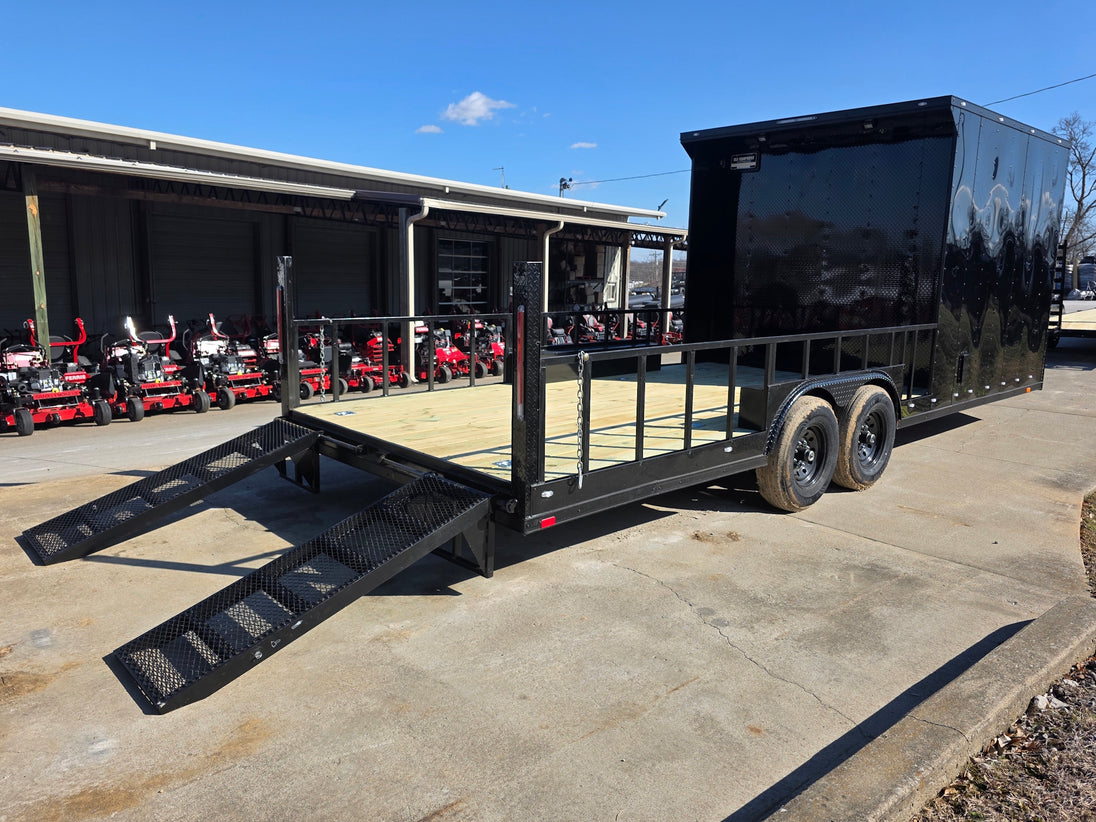 8.5' X 24' Hybrid Trailer Black With Black Out Package 7K Axles back right angled view picture with ramp down 