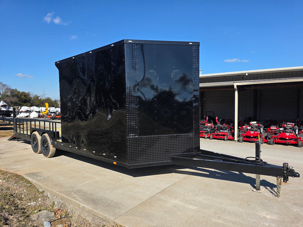 8.5' X 24' Hybrid Trailer Black With Black Out Package 7K Axles front left angled view picture with ramp down 
