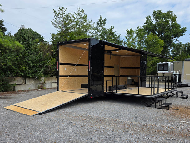 8.5' X 26' Black Custom Marketing and Event Trailer With 16' Stage Open back right angle picture 