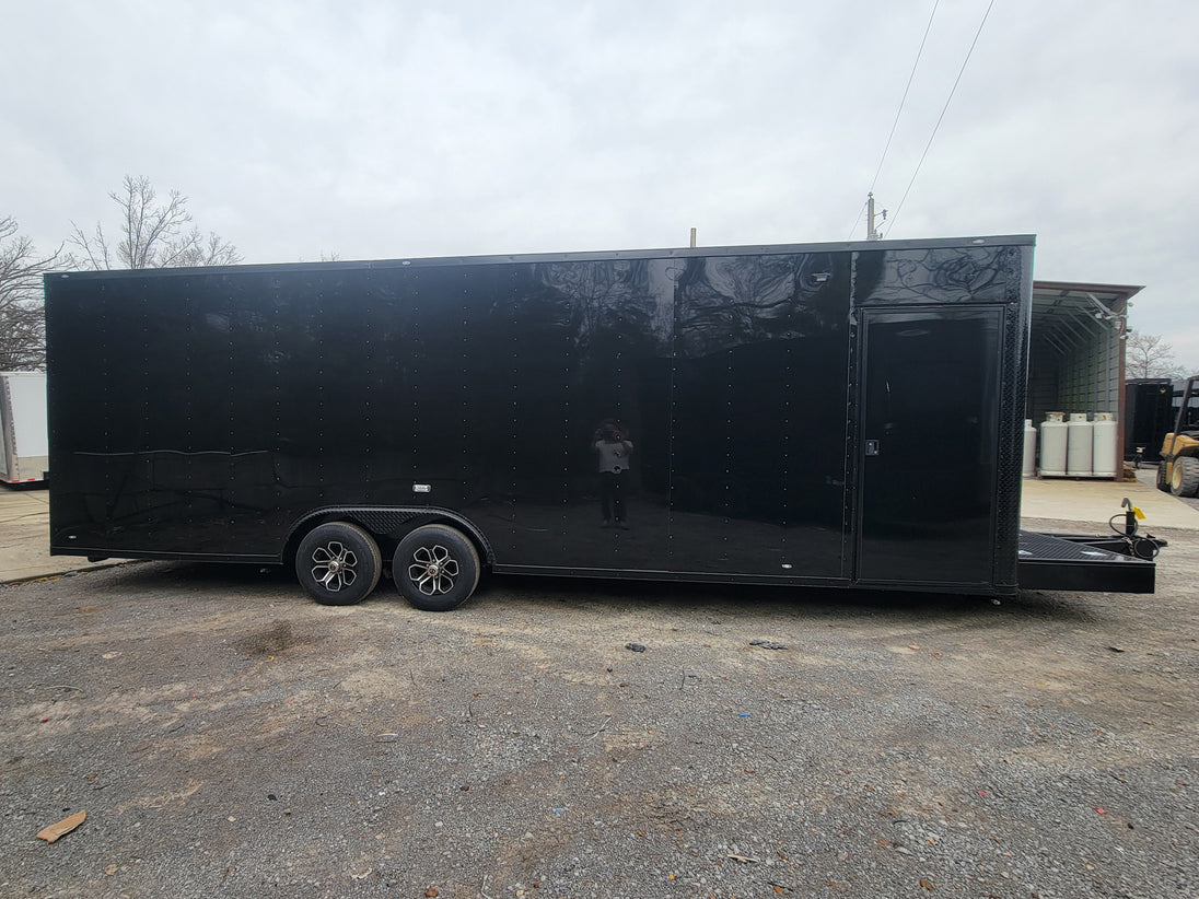 8.5' X 26' Custom Enclosed Merchandise and Marketing Trailer with Black Out Trim, Reference View. 