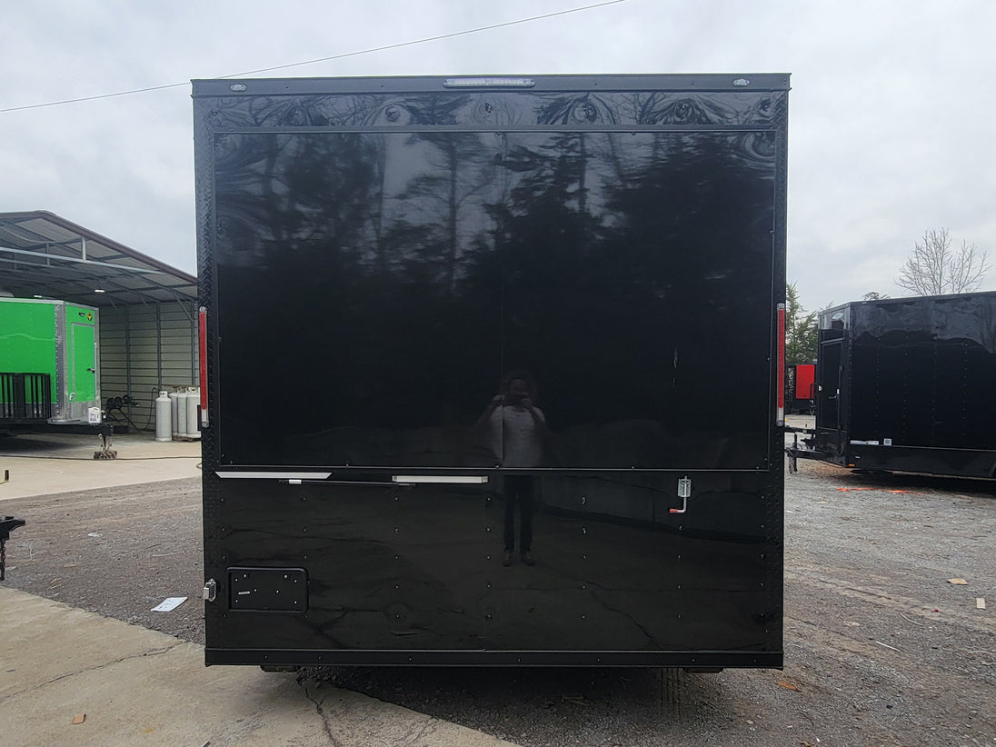 8.5' X 26' Custom Enclosed Merchandise and Marketing Trailer with Black Out Trim, Back View 