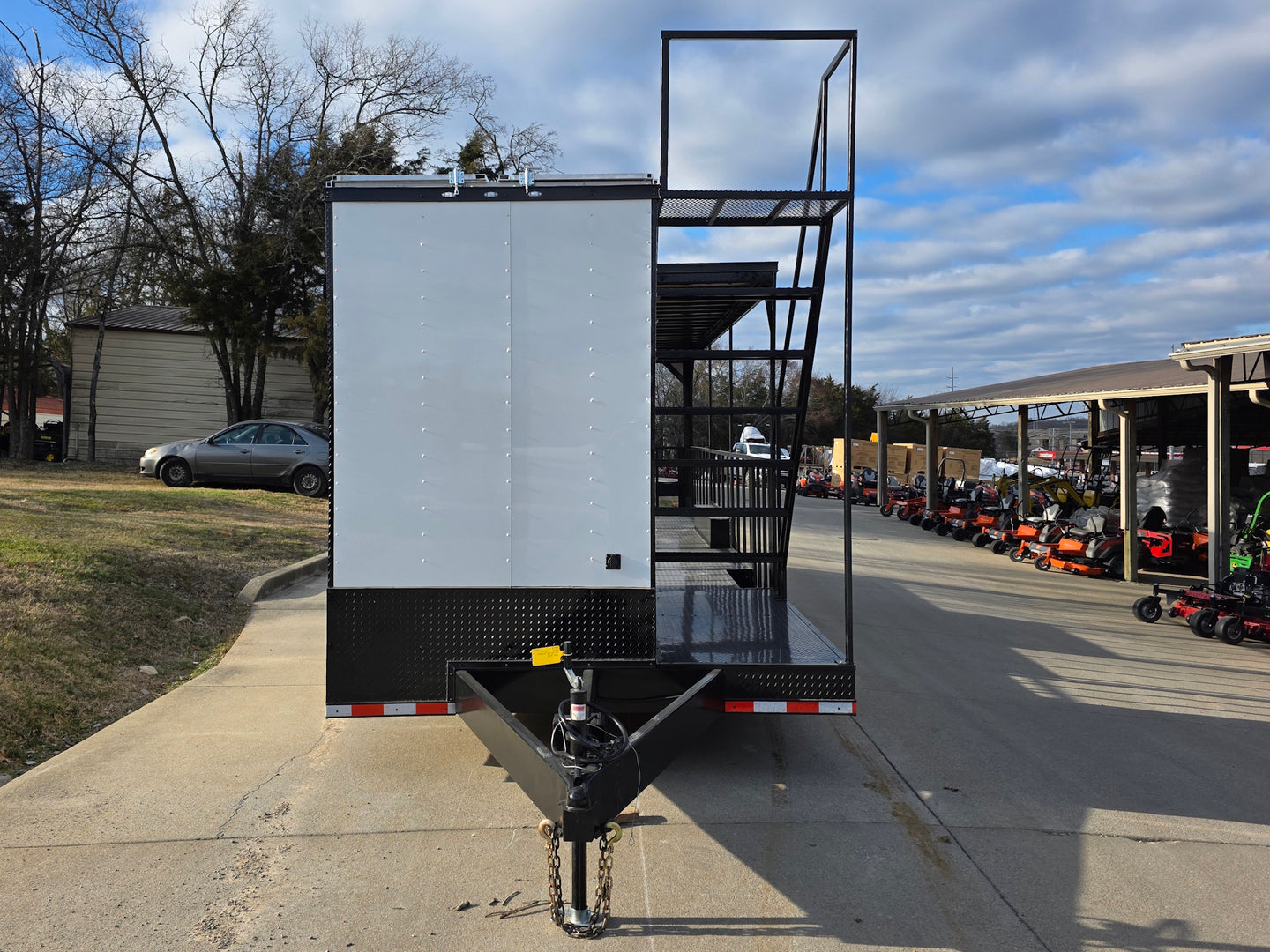 8.5' X 30' (White) Hybrid Custom Drone and Equipment Trailer Agricultural and Spray front view picture with gate open 