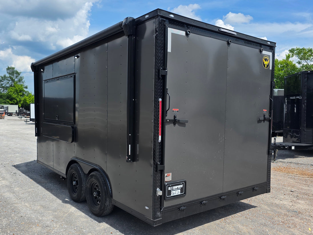 8.5'x16' Charcoal W/ Black Out Trim V-Nose Dual Awning Concession Trailer Back left angle picture 