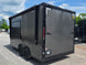 8.5'x16' Charcoal W/ Black Out Trim V-Nose Dual Awning Concession Trailer Back left angle picture 