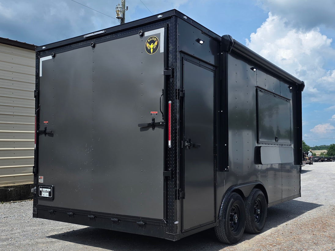 8.5'x16' Charcoal W/ Black Out Trim V-Nose Dual Awning Concession Trailer Back right angle picture 