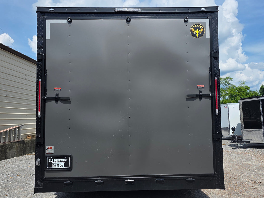 8.5'x16' Charcoal W/ Black Out Trim V-Nose Dual Awning Concession Trailer Back side picture 
