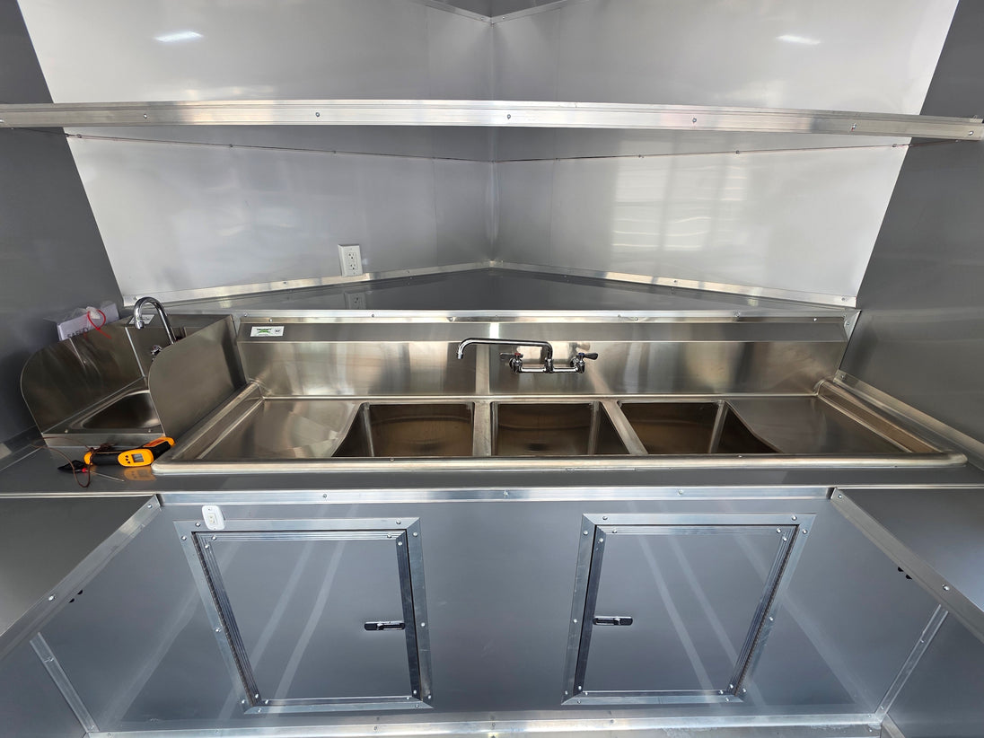 8.5'x16' Charcoal W/ Black Out Trim V-Nose Dual Awning Concession Trailer Cabinet picture 