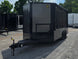 8.5'x16' Charcoal W/ Black Out Trim V-Nose Dual Awning Concession Trailer Front right angle picture 