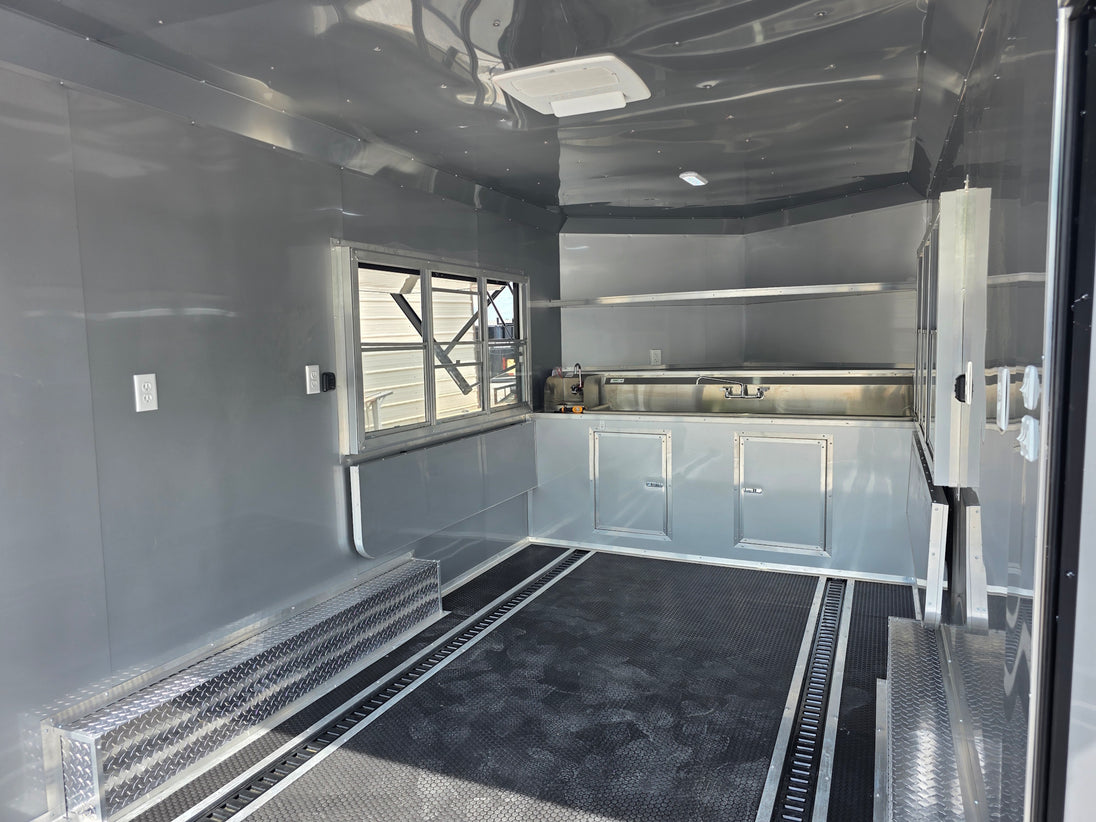 8.5'x16' Charcoal W/ Black Out Trim V-Nose Dual Awning Concession Trailer Interior back right-angle picture 