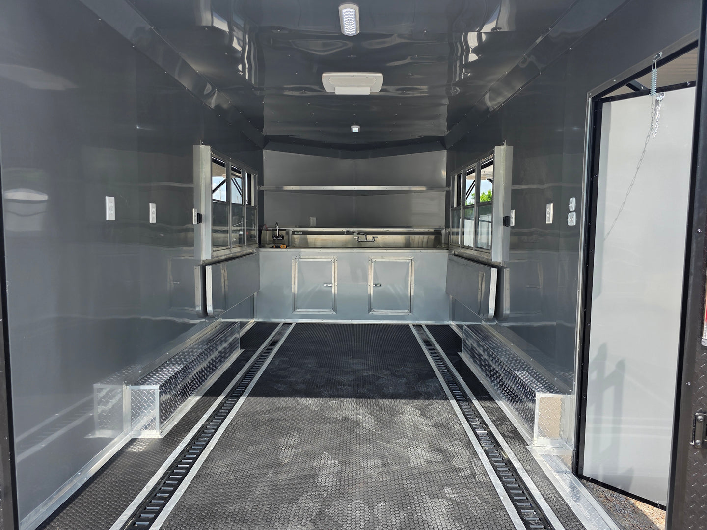 8.5'x16' Charcoal W/ Black Out Trim V-Nose Dual Awning Concession Trailer Interior back side picture 