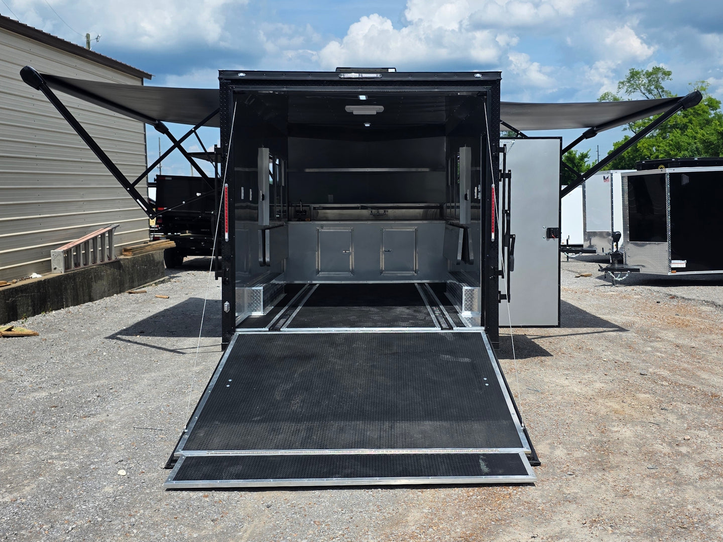 8.5'x16' Charcoal W/ Black Out Trim V-Nose Dual Awning Concession Trailer Open back side picture 