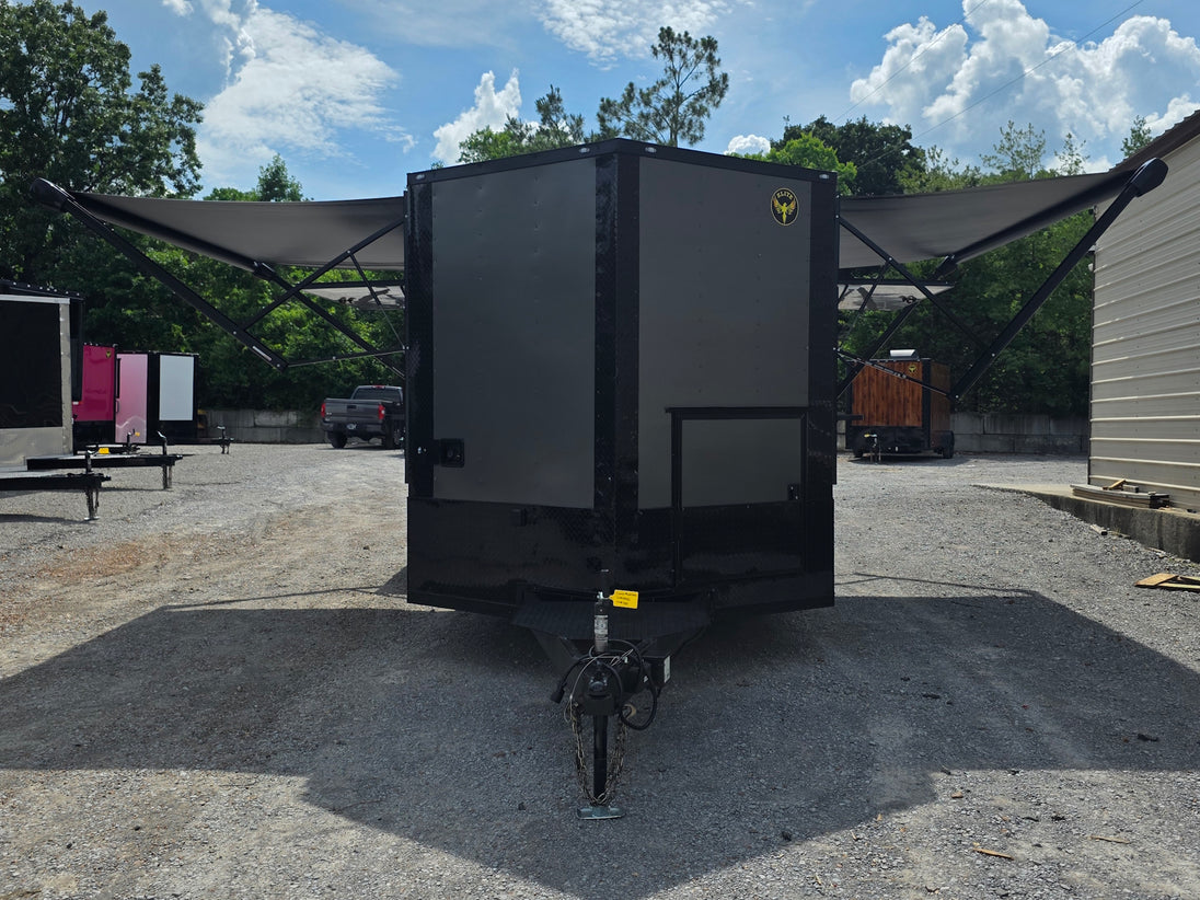 8.5'x16' Charcoal W/ Black Out Trim V-Nose Dual Awning Concession Trailer Open front side picture 