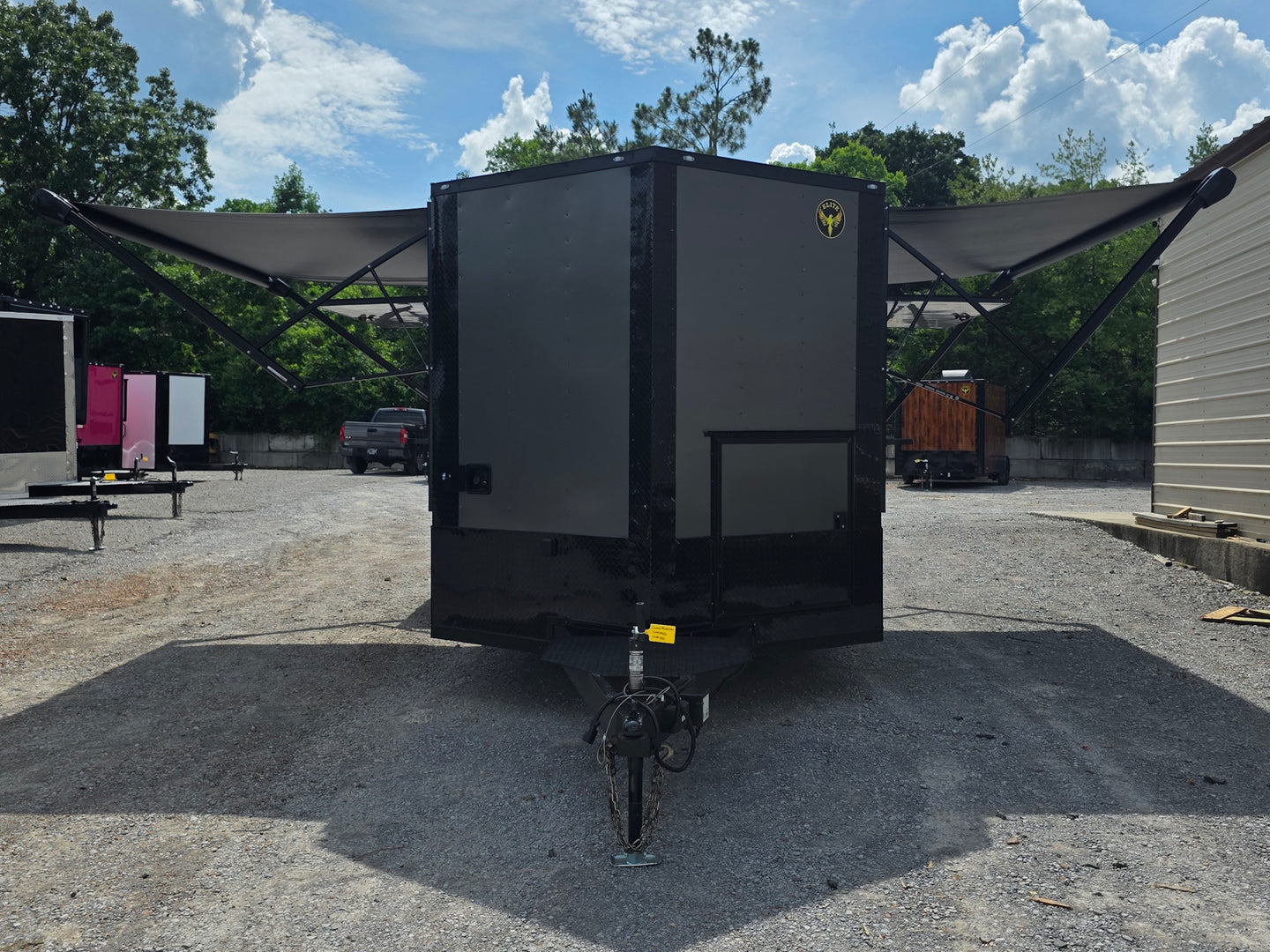 8.5'x16' Charcoal W/ Black Out Trim V-Nose Dual Awning Concession Trailer Open front side picture 
