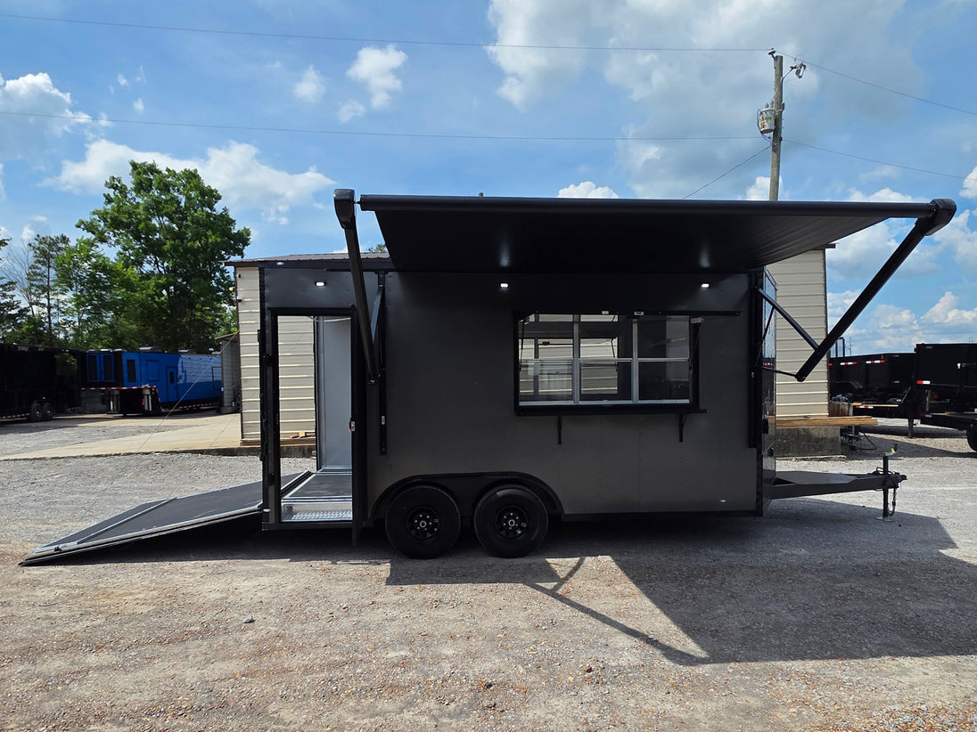 8.5'x16' Charcoal W/ Black Out Trim V-Nose Dual Awning Concession Trailer Open left side picture 
