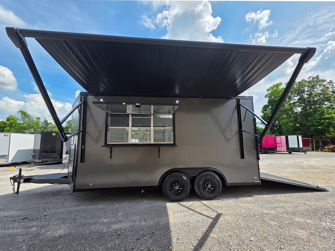 8.5'x16' Charcoal W/ Black Out Trim V-Nose Dual Awning Concession Trailer Open right side picture 