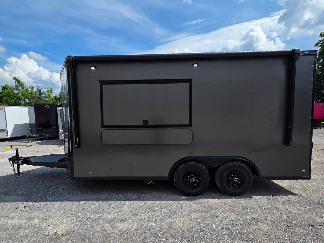 8.5'x16' Charcoal W/ Black Out Trim V-Nose Dual Awning Concession Trailer Right side picture 