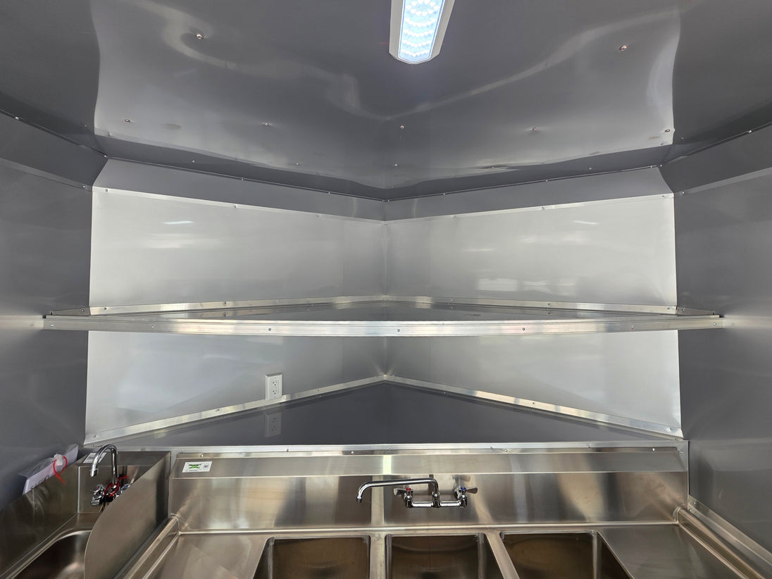 8.5'x16' Charcoal W/ Black Out Trim V-Nose Dual Awning Concession Trailer Shelve picture 
