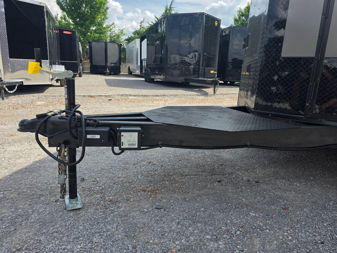 8.5'x16' Charcoal W/ Black Out Trim V-Nose Dual Awning Concession Trailer Tongue picture 
