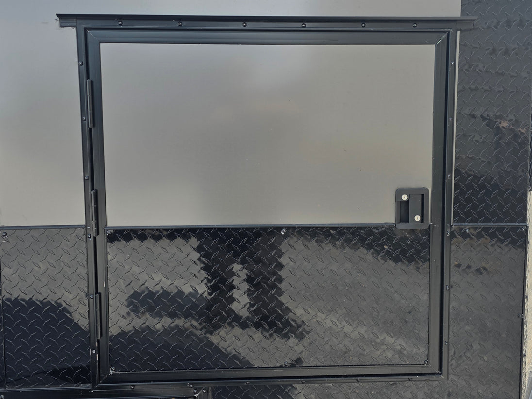 8.5'x16' Charcoal W/ Black Out Trim V-Nose Dual Awning Concession Trailer V nose door picture 