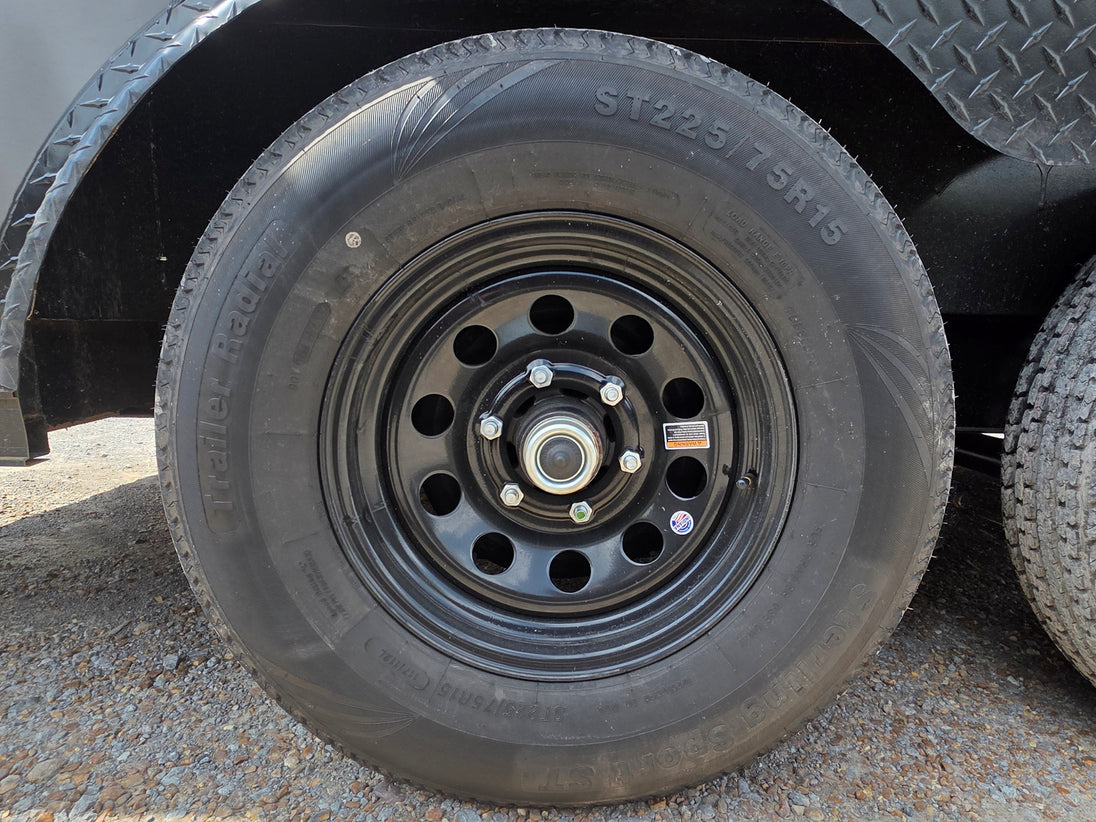 8.5'x16' Charcoal W/ Black Out Trim V-Nose Dual Awning Concession Trailer Wheel picture 