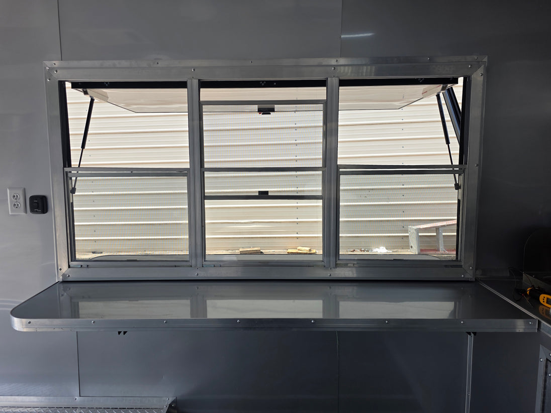 8.5'x16' Charcoal W/ Black Out Trim V-Nose Dual Awning Concession Trailer Window picture 